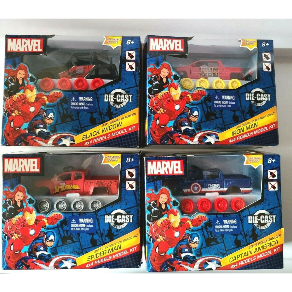 Marvel 4x4 Rebels Die Cast Model Kit Cap America Iron Man Spider-Man Black Widow